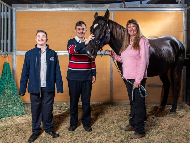 South East Equestrian Club secretary Donna Wright with Riding for the Disabled (NSW)’s Toby Galper and Matthew Vass. Picture: Monique Harmer