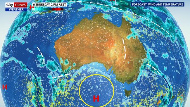 A stationary high in the Great Australian Bight is ‘blocking’ other weather systems from coming while encouraging the formation of rain across the east. Picture: Sky News Weather.