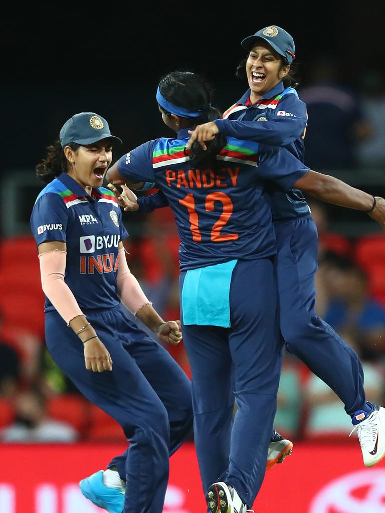 India’s Shikha Pandey celebrates the wicket of Alyssa Healy. Picture: Chris Hyde/Getty Images