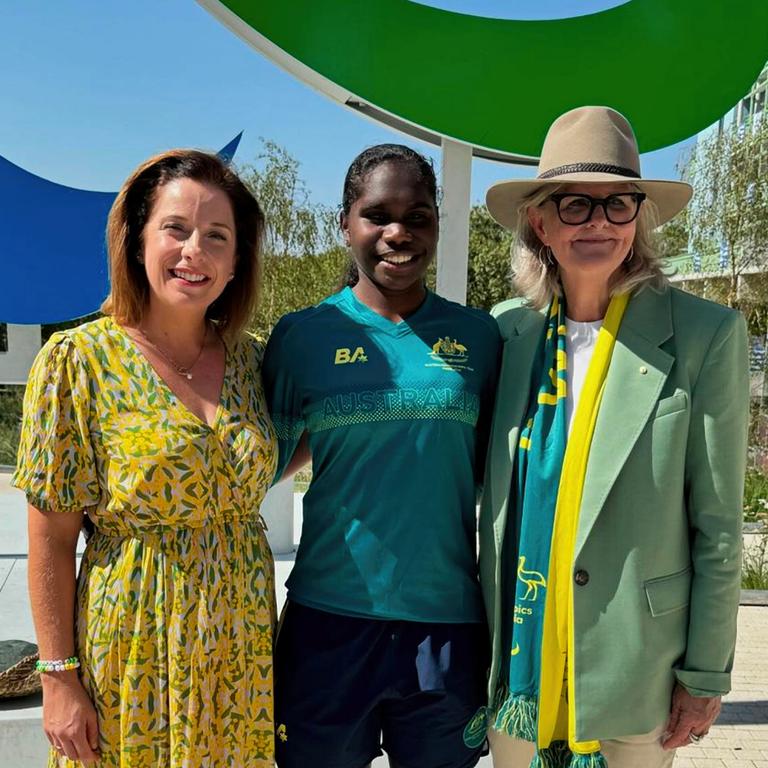 From left, Sport Minister Anika Wells, Australian Paralympic athlete Telaya Blacksmith and Governor-General Sam Mostyn pose for a photograph in the 2024 Paris Paralympic village, posted on September 2, day five of the Games. Picture: Instagram/@anikawellsmp