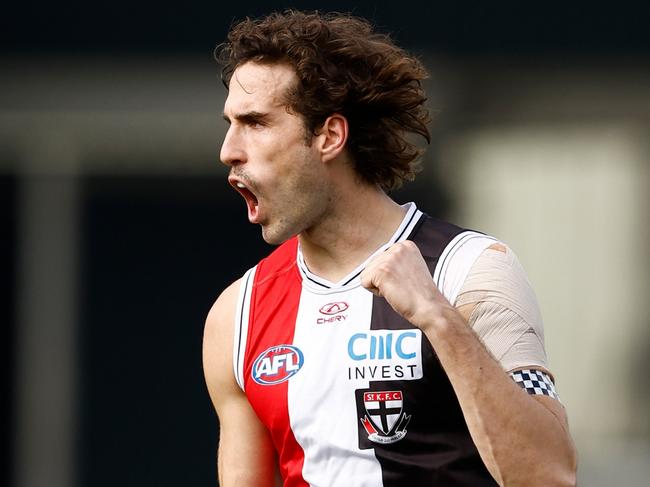 LAUNCESTON, AUSTRALIA - MAY 11: Max King of the Saints celebrates a goal during the 2024 AFL Round 09 match between the Hawthorn Hawks and the St Kilda Saints at UTAS Stadium on May 11, 2024 in Launceston, Australia. (Photo by Michael Willson/AFL Photos via Getty Images)