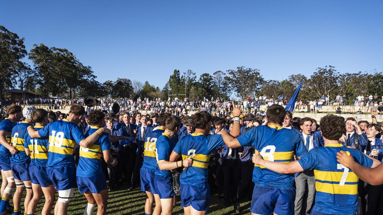 Grammar First XV meet the student body after defeating Downlands to claim the O'Callaghan Cup. Picture: Kevin Farmer