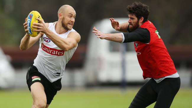 Tyson Goldsack attempts to tackle Ben Reid at training last month. Picture: Getty Images