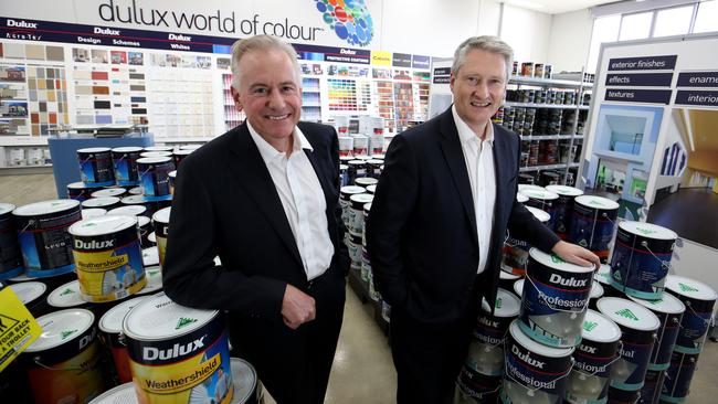 Chairman Graeme Liebelt and CEO Patrick Houlihan at Dulux’s trade store in the Melbourne suburb of Clayton yesterday. Picture: David Geraghty