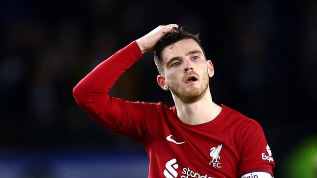 BRIGHTON, ENGLAND - JANUARY 14: Andrew Robertson of Liverpool looks dejected following the team's defeat in the Premier League match between Brighton & Hove Albion and Liverpool FC at American Express Community Stadium on January 14, 2023 in Brighton, England. (Photo by Bryn Lennon/Getty Images)