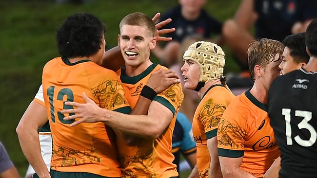 SUNSHINE COAST, AUSTRALIA - MAY 12: Will McCulloch of Australia celebrates with team mates after scoring a try during The Rugby Championship U20 Round 3 match between Australia and New Zealand at Sunshine Coast Stadium on May 12, 2024 in Sunshine Coast, Australia. (Photo by Albert Perez/Getty Images)