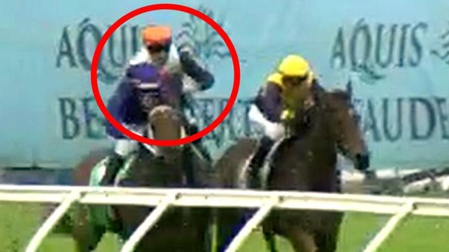 Quade (Jag Guthman-Chester, circled) was elevated from second to first after stewards deemed he was tightened by Beachside Babe (Andrew Spinks, yellow cap) at the 300m. Picture: Screengrab / Racing Queensland.