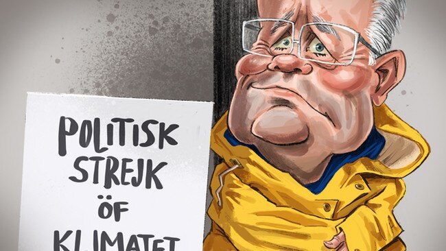 Scott Morrison channels Greta Thunberg to to skip the UN Climate Summit. Artwork: Terry Pontikos