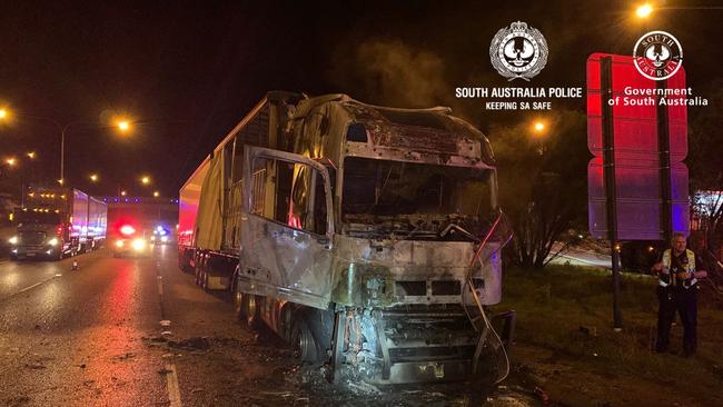 A truck fire on the South-Eastern Freeway caused major delays for motorists heading into the city. Picture: SAPOL