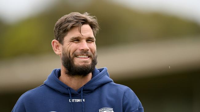 WARRNAMBOOL, AUSTRALIA - FEBRUARY 06: Tom Hawkins of the Cats watches on during the Geelong Cats AFL Community Camp at Reid Oval on February 06, 2023 in Warrnambool, Australia. (Photo by Morgan Hancock/Getty Images)