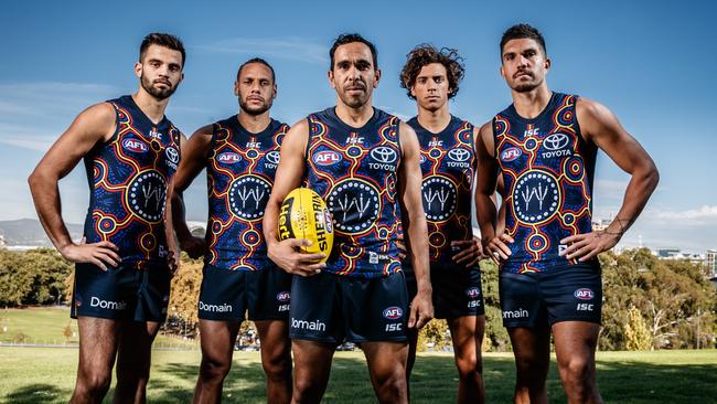 Indigenous players Wayne Milera, Cam Ellis-Yolmen, Eddie Betts, Ben Davis and Curtly Hampton wearing the Crows’ 2018 guernsey at Sir Doug Nicholls Round at Montefiore Hill. Picture: Matt Turner