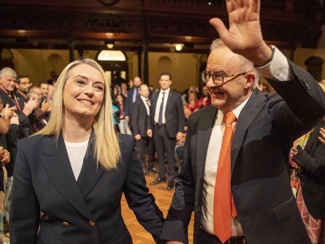 SYDNEY, AUSTRALIA - NewsWire Photos - JULY 27, 2024:  NSW Labor Conference held at Sydney Town Hall.Prime Minister Anthony Albanese arrives with partner Jodie Haydon. Picture: NewsWire / Simon Bullard.