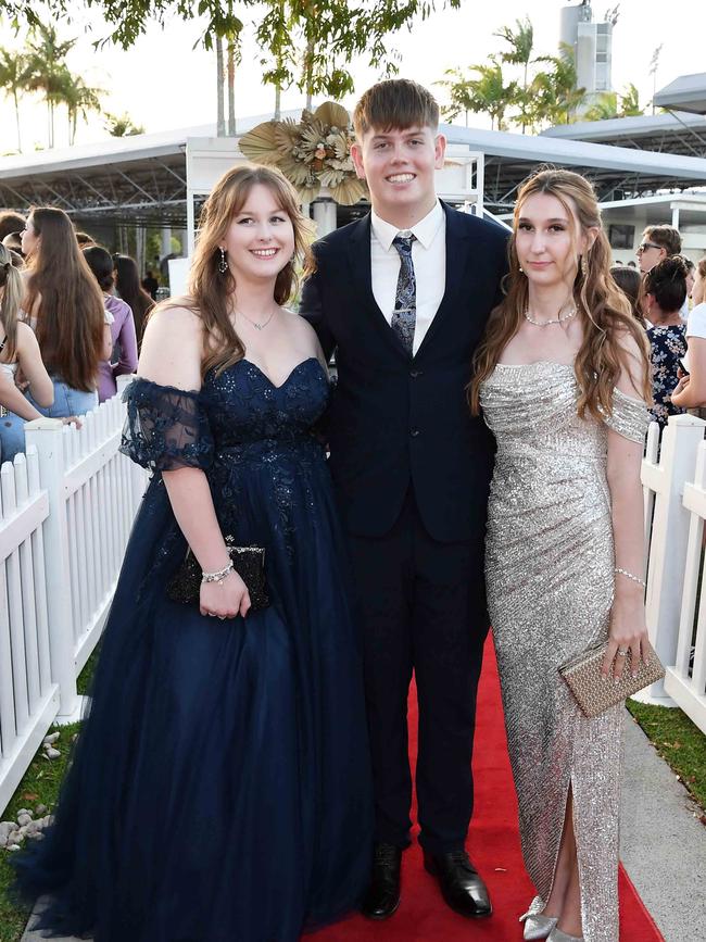 Kiara Allan, Jack Webster, and Imogen Blanchette at the 2023 Caloundra State High School Year 12 formal. Picture: Patrick Woods.