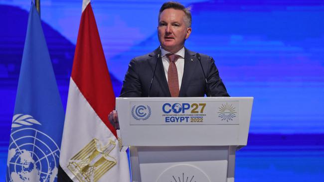 Climate Minister Chris Bowen delivers a speech during the COP27 climate conference. Picture: AFP