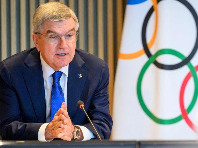 International Olympic Committee (IOC) President Thomas Bach speaks at the opening of the executive board meeting of the International Olympic Committee (IOC), at the Olympic House, in Lausanne, Switzerland, on September 8, 2022. (Photo by LAURENT GILLIERON / POOL / AFP)