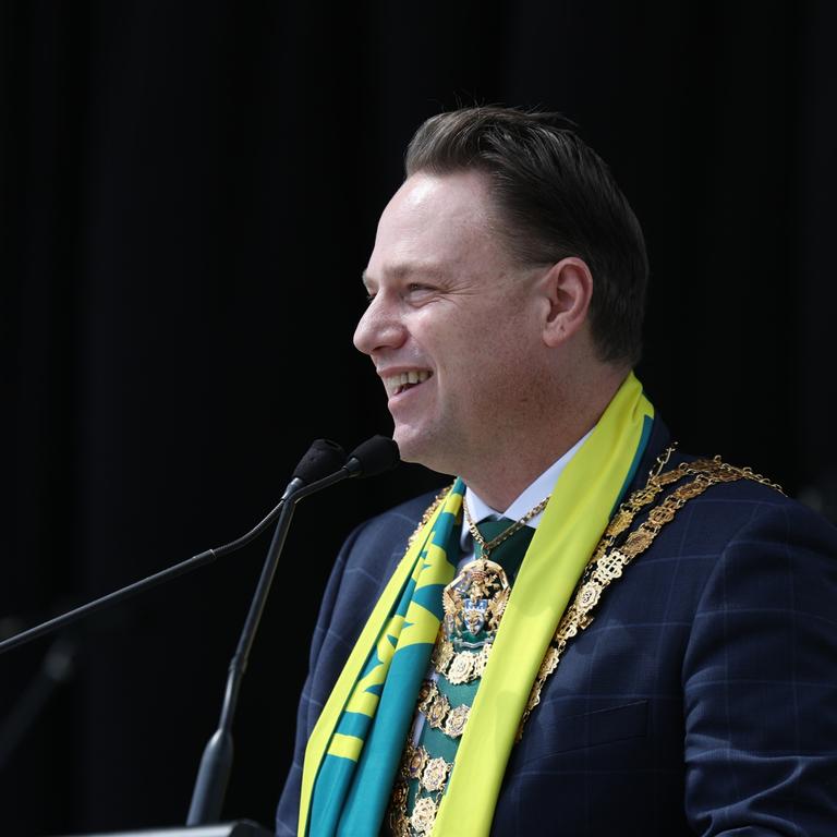 Lord Mayor Of Brisbane Adrian Schrinner speaks during a Welcome Home Event for Australia's Olympian and Paralympians at South Bank. Picture: Mackenzie Sweetnam/Getty Images