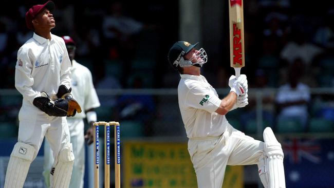 Steve Waugh lofts for four on his way to century during third test against the West Indies in 2003.
