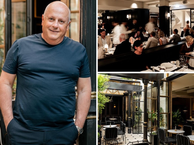 Restaurateur Chris Lucas; top right, Maison Batard in Bourke Street, Melbourne; and, bottom right, an interior courtyard.