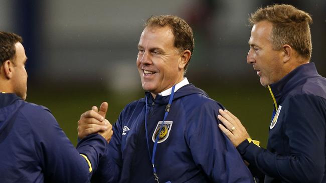 Central Coast Mariners interim coach Alen Stajcic celebrates Saturday night’s win over the Jets. Picture: AAP