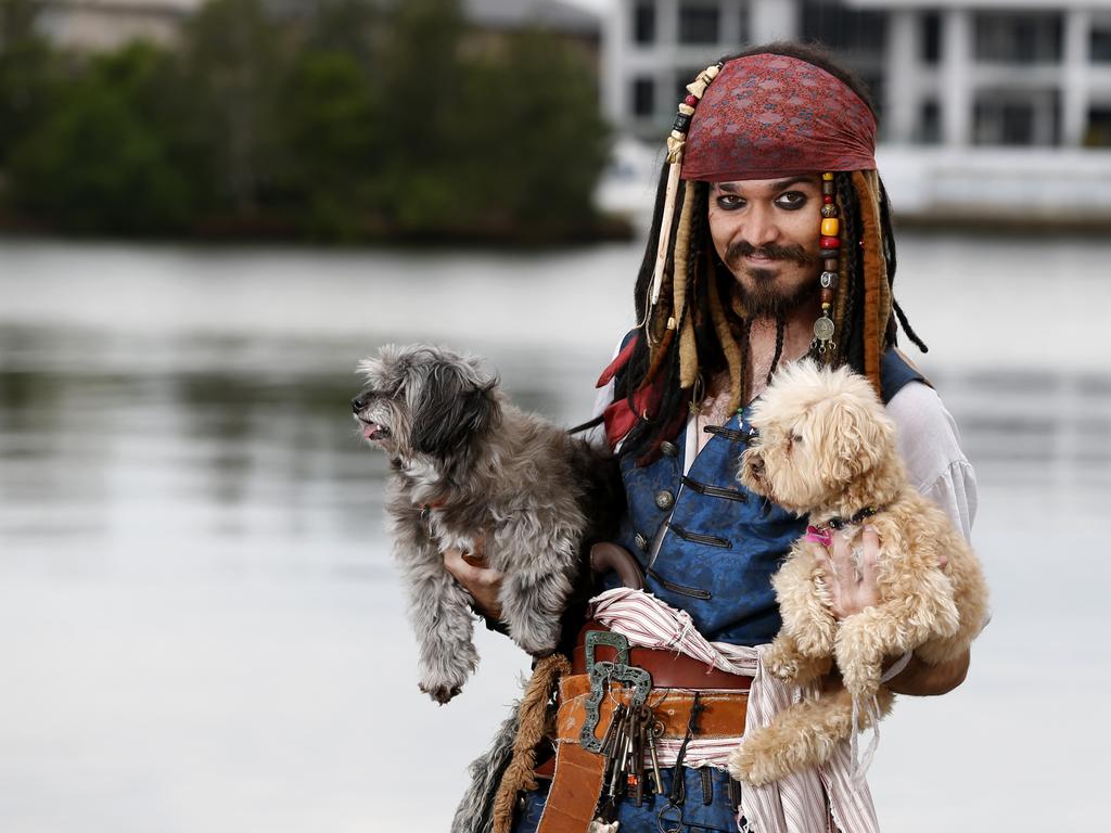 Captain Jack Sparrow impersonator Brady Mayer with dogs Pistol & Boo dogs. Picture: JERAD WILLIAMS