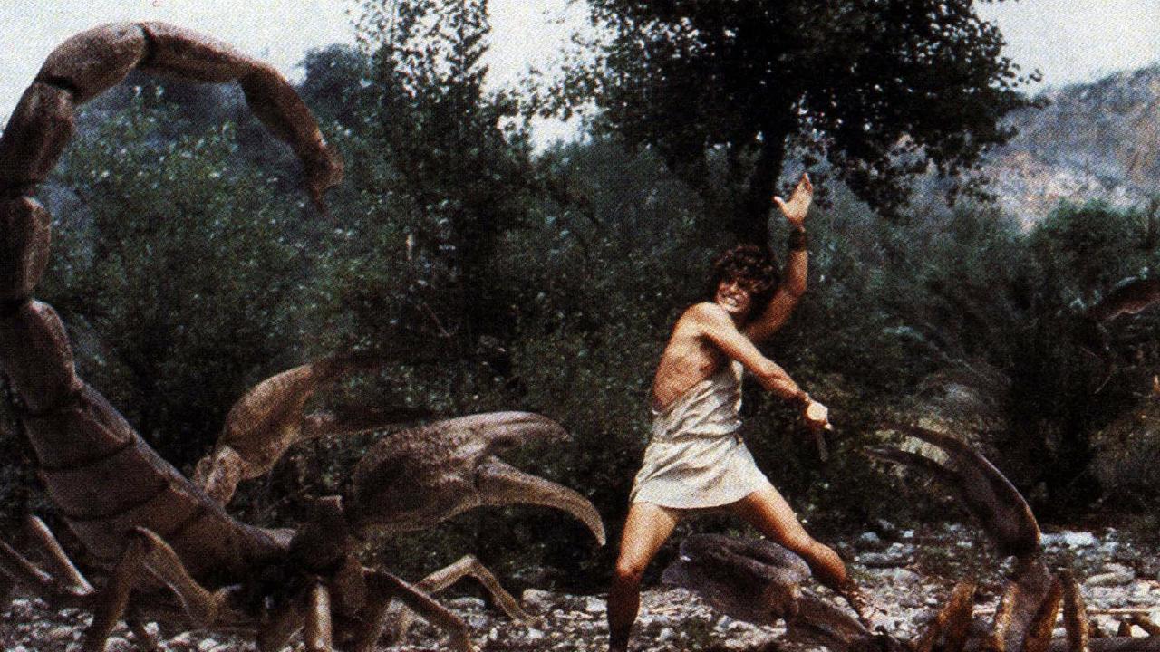 Jason battling giant scorpions in a scene from the movie Jason and the Argonauts.
