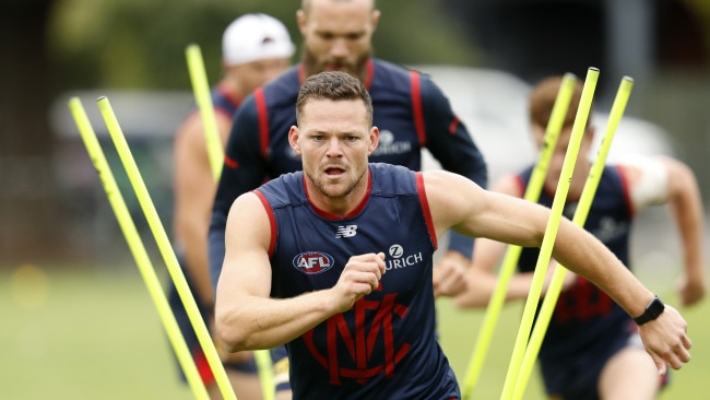 Steven May in action at Melbourne training.