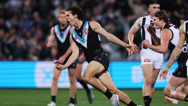 Connor Rozee celebrates a goal. Picture: James Elsby/AFL Photos via Getty Images