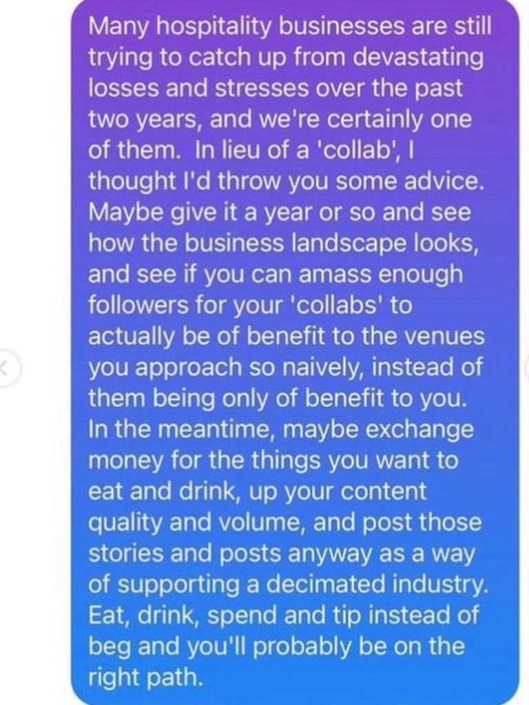 The owner shared the messages with a food critic who is known for sharing similar exchanges. Picture: John Lethlean/Instagram