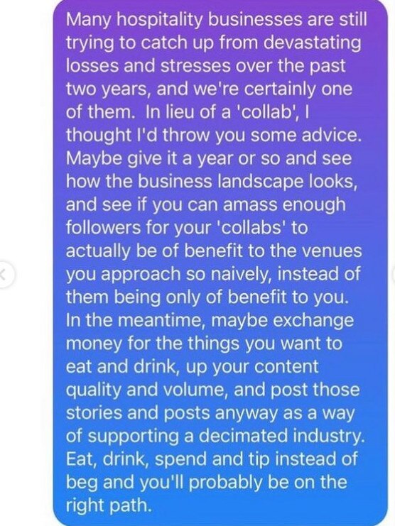 The owner shared the messages with a food critic who is known for sharing similar exchanges. Picture: John Lethlean/Instagram