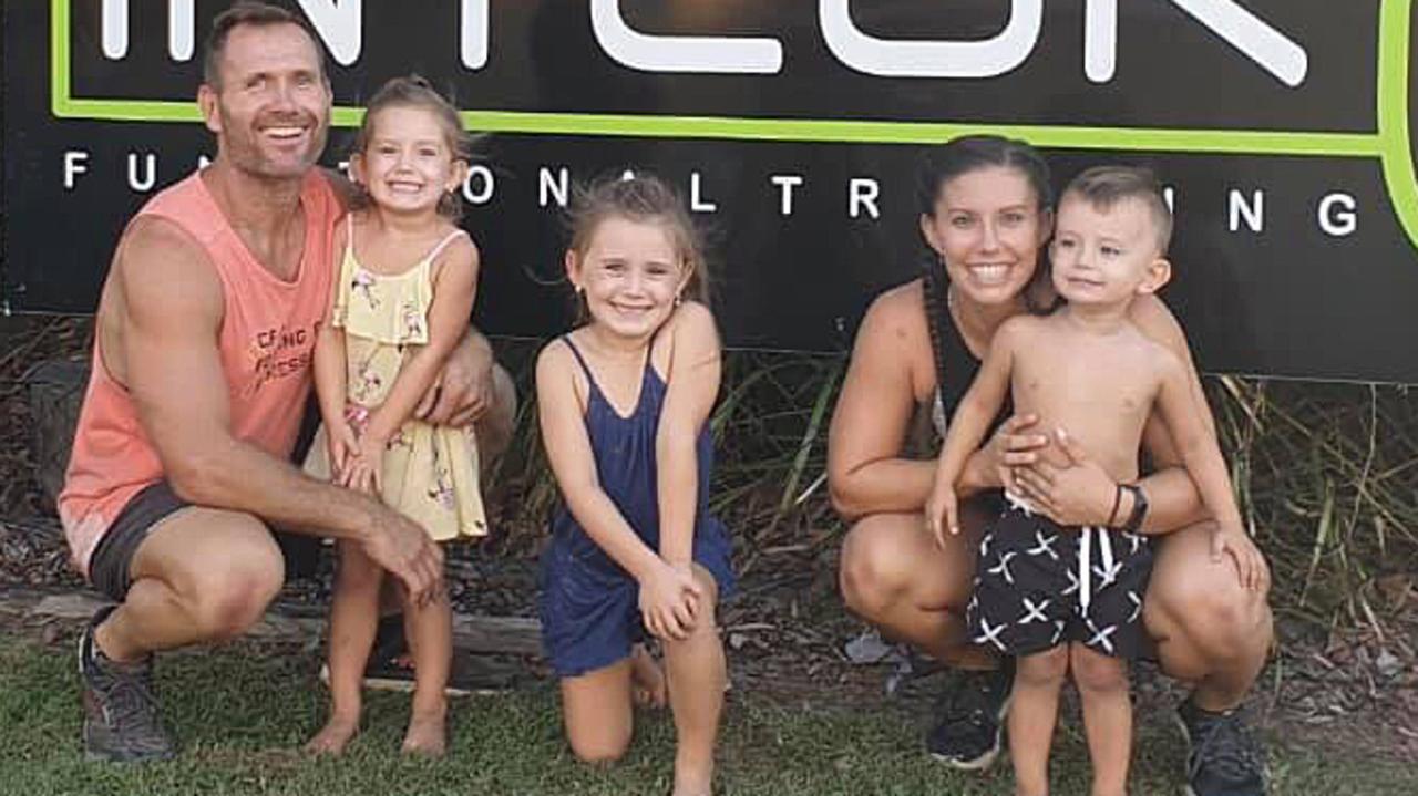 Rowan Baxter with his wife Hannah Clarke and children Laianah, Aaliyah and Trey outside their Integr8 gym. Photo: Facebook