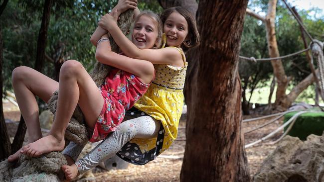 Sisters Jaylyn and Lillian Start enjoy the great outdoors at Russell Brown Adventure Park in Perth. Picture: Colin Murty.