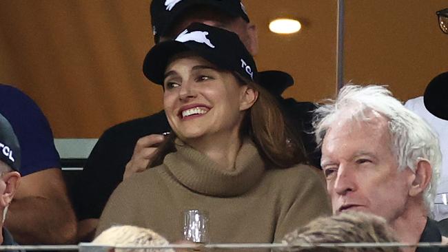 Crowe’s soon-to-be co-star Natalie Portman watching a South Sydney Rabbitohs game from Crowe’s box. Picture: Getty Images