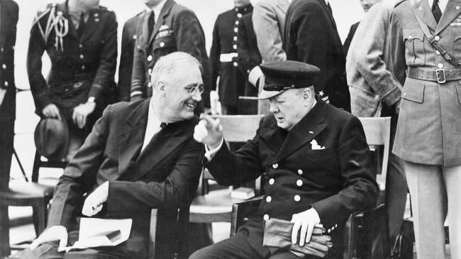 US President Franklin D. Roosevelt (L) and British Prime Minister Winston Churchill at the Atlantic Charter Meeting aboard the battleship HMS Prince of Wales.