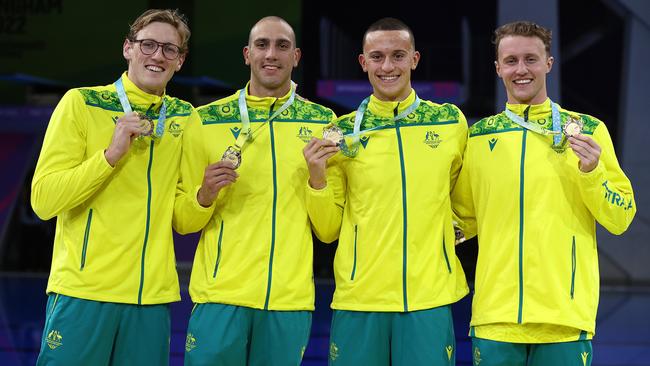 Mack Horton, Zac Incerti, Flynn Southam and Elijah Winnington won gold in the 4 x 200m freestyle relay in Birmingham. Picture: Michael Klein