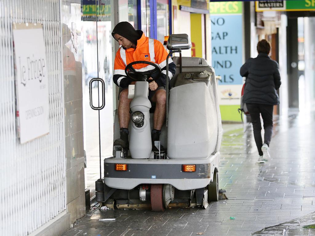 A council street sweeper at work in Bondi Junction mall after 7am. Bondi Junction Mall has become a popular haven for rough sleepers. Council has struck a deal with local homeless people and told them that each day they need to vacate the mall by 7am. Picture: John Appleyard