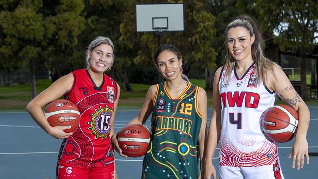 Indigenous basketball stars Jasmine Fejo (left) from the West Adelaide Bearcats, sister Renai Fejo from the Woodville Warriors and Ally Wilson from Norwood. Picture: Mark Brake