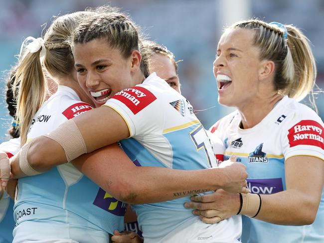 Jamie Chapman scores during the NRLW Grand Final between the Newcastle Knights and the Gold Coast Titans at Accor Stadium, Sydney Olympic Park. Pics Adam Head