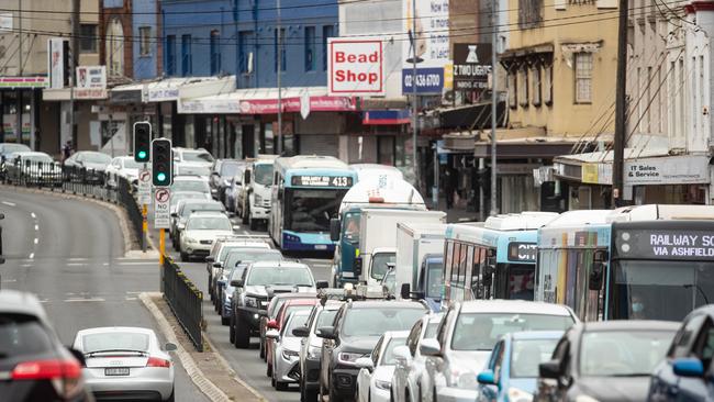 Traffic banked up in Annandale as police try to prevent protesters from joining the “Freedom Rally”. Picture: Julian Andrews