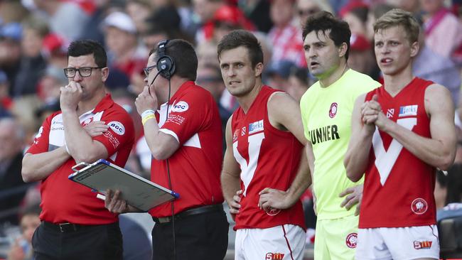  North Adelaide coach Josh Carr on the boundary line during the SANFL Grand Final. Picture: Sarah Reed