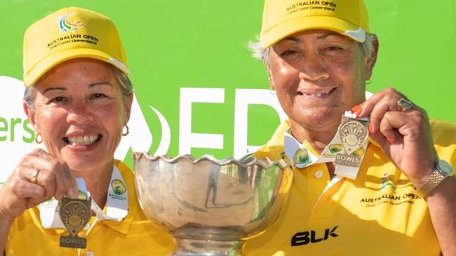 Brothers Edmonton Ladies Bowls Club member Terry McAlary (left) and her Queensland bowls pairs partner Faye Clarke (right) were thrilled to win the 2022 Australian Open Over 60s Ladies Ladies Pairs at Broadbeach in June. Picture: Bowls Australia