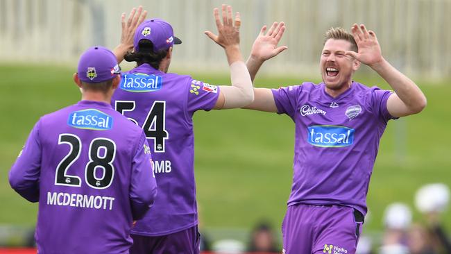 Faulkner celebrates the wicket of Shaun Marsh in a BBL clash between the Hobart Hurricanes and Melbourne Renegades at Blundstone Arena on December 19 last year. (Photo by Steve Bell/Getty Images)