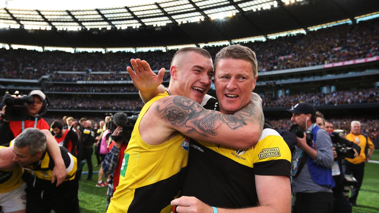 Dustin Martin and coach Damien Hardwick after the 2017 AFL Grand Final. Picture. Phil Hillyard