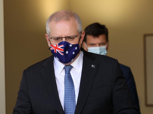 Prime Minister Scott Morrison with Energy Minister Angus Taylor at Tuesday’s press conference in Canberra. Picture: NCA NewsWire / Gary Ramage