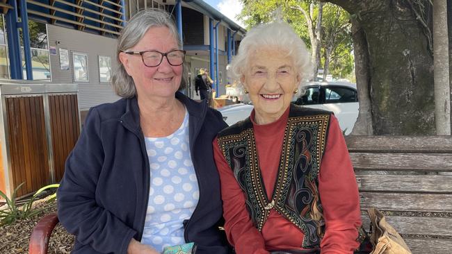 Feros Village resident Kate Smorty, 95, and her daughter Dianne Brien at the Byron Shire Council meeting to discuss potential new owners for the village on August 24, 2023.