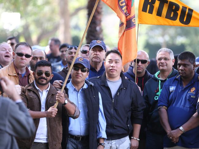 Bus drivers protest outside Parliament. Picture: John Grainger