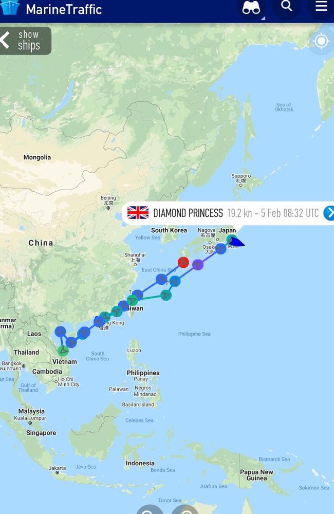 The route taken by the Diamond Princess, which has at least 61 infected people on board — the biggest known cluster of confirmed cases outside China. Picture: Marine TrafficTwitter