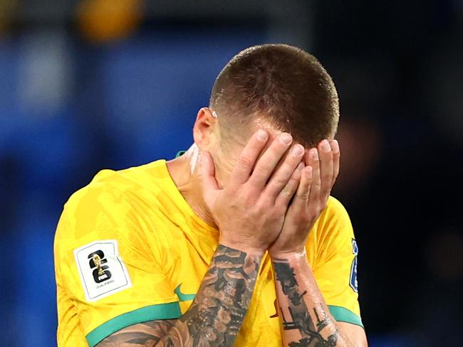 GOLD COAST, AUSTRALIA - SEPTEMBER 05: Mitchell Duke of Australia reacts after losing the round three 2026 FIFA World Cup AFC Asian Qualifier match between Australia Socceroos and Bahrain at Robina Stadium on September 05, 2024 in Gold Coast, Australia. (Photo by Chris Hyde/Getty Images)