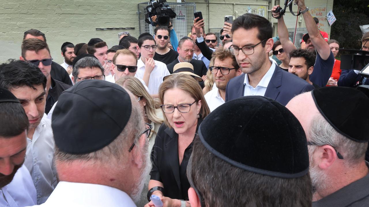 Jacinta Allan, and Anthony Albanese in a separate incident, cut short appearances at the Adass Israel Synagogue amid tensions in the crowd after the firebombing. Picture: NewsWire/David Caird