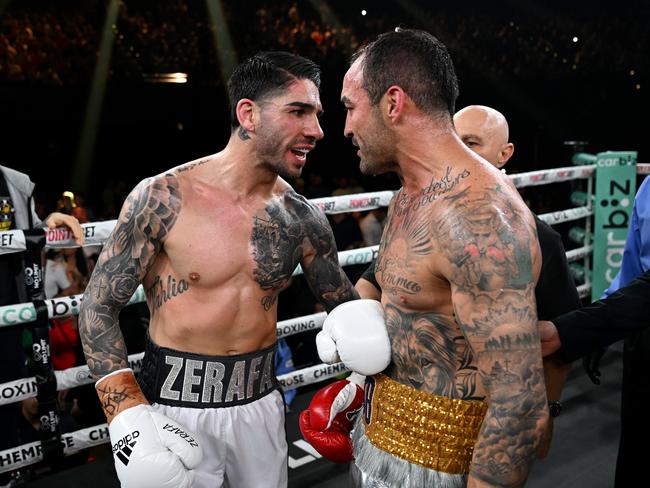 Zerafa (L) and Browne exchange words after the fight. Pictures: No Limit Boxing/Gregg Porteous