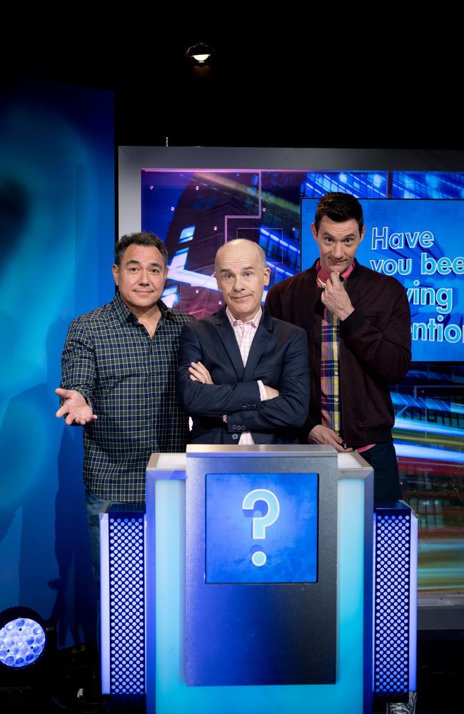 Sam Pang with Tom Gleisner and Ed Kavalee for Have You Been Paying Attention. Picture: Supplied